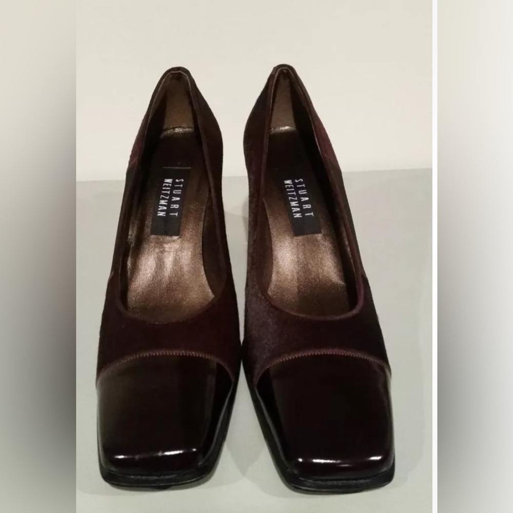 Stuart Weitzman Brown Women's Shoes, 8 1/2 B with leather and fur texture.